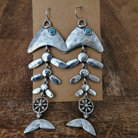 Vintage Inspired Boho Fish Bone Dangle Earrings With Turquoise Accents - Picture 9 of 13